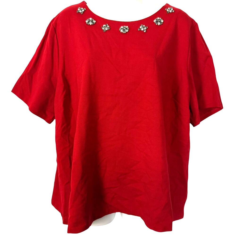 Talbots Womens Petite Red Ponte Knit Rhinestone Stretch Short Sleeve Top 3XP
